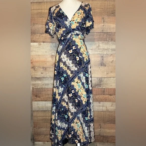 🌻 Abel The Label Anthropologie Ghandi Blue Floral Maxi Dress size Small - Picture 2 of 12